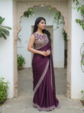 Burgundy Silk Sequence & Mirror Work Saree