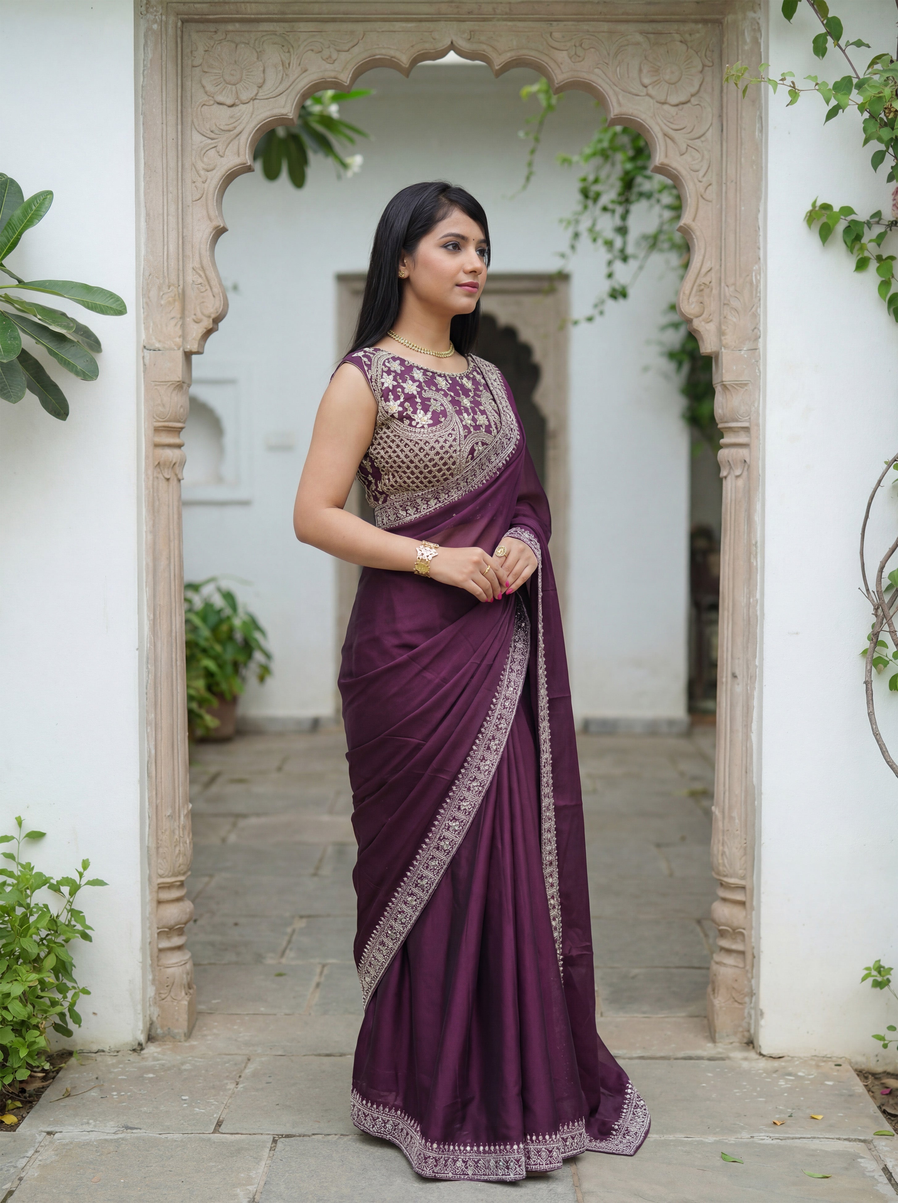 Burgundy Silk Sequence & Mirror Work Saree