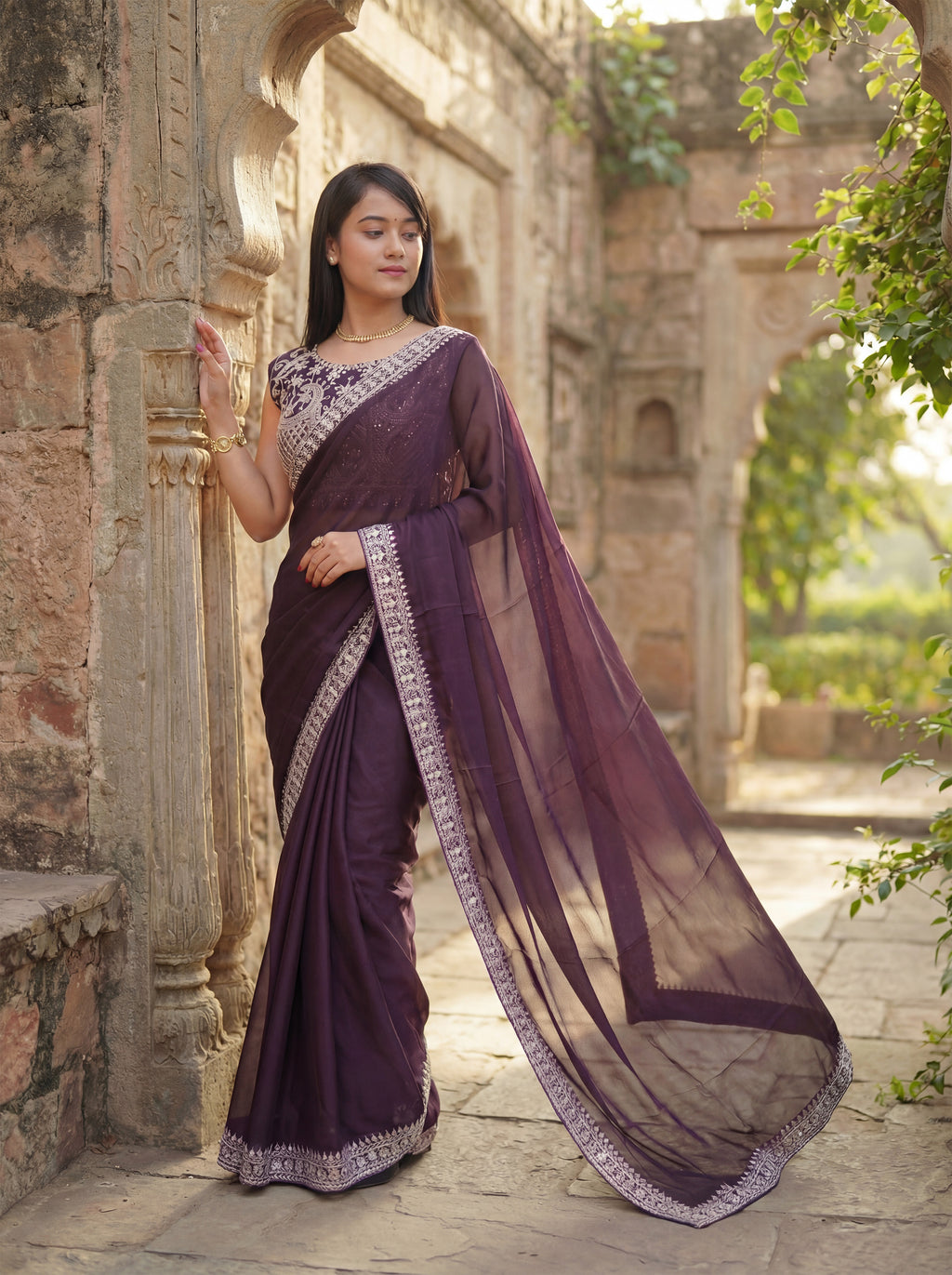 Purple Silk Sequence & Mirror Work Saree
