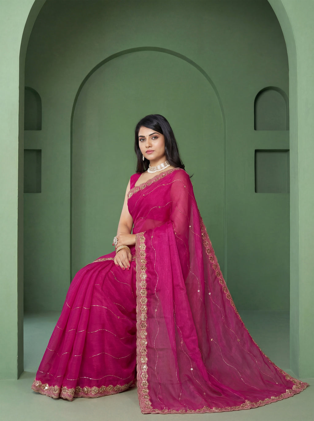 Pink Organza Striped Zari Work Saree
