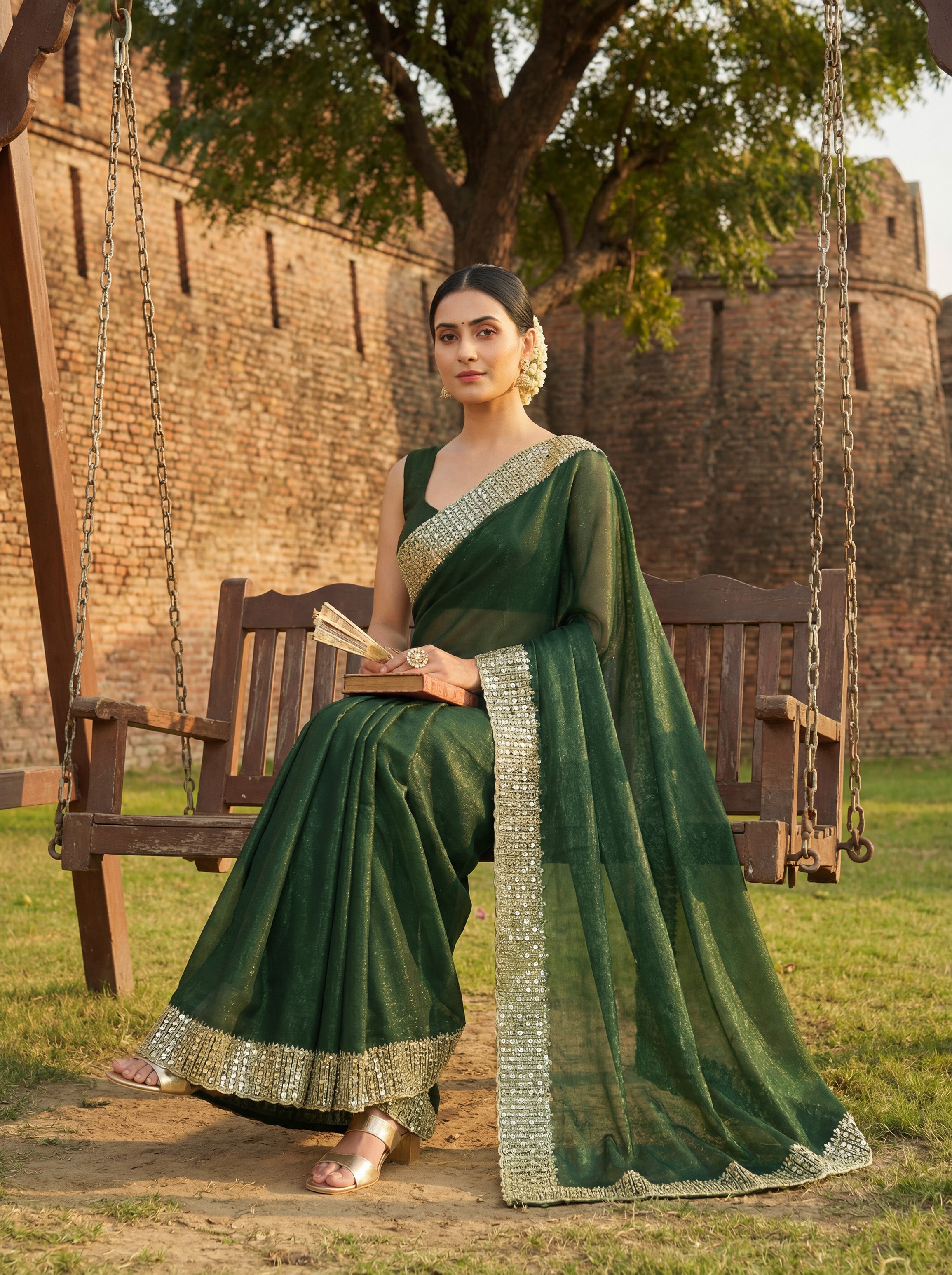 Green Tissue Sequence & Mirror Work Saree