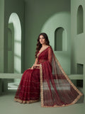Maroon Organza Striped Zari Work Saree