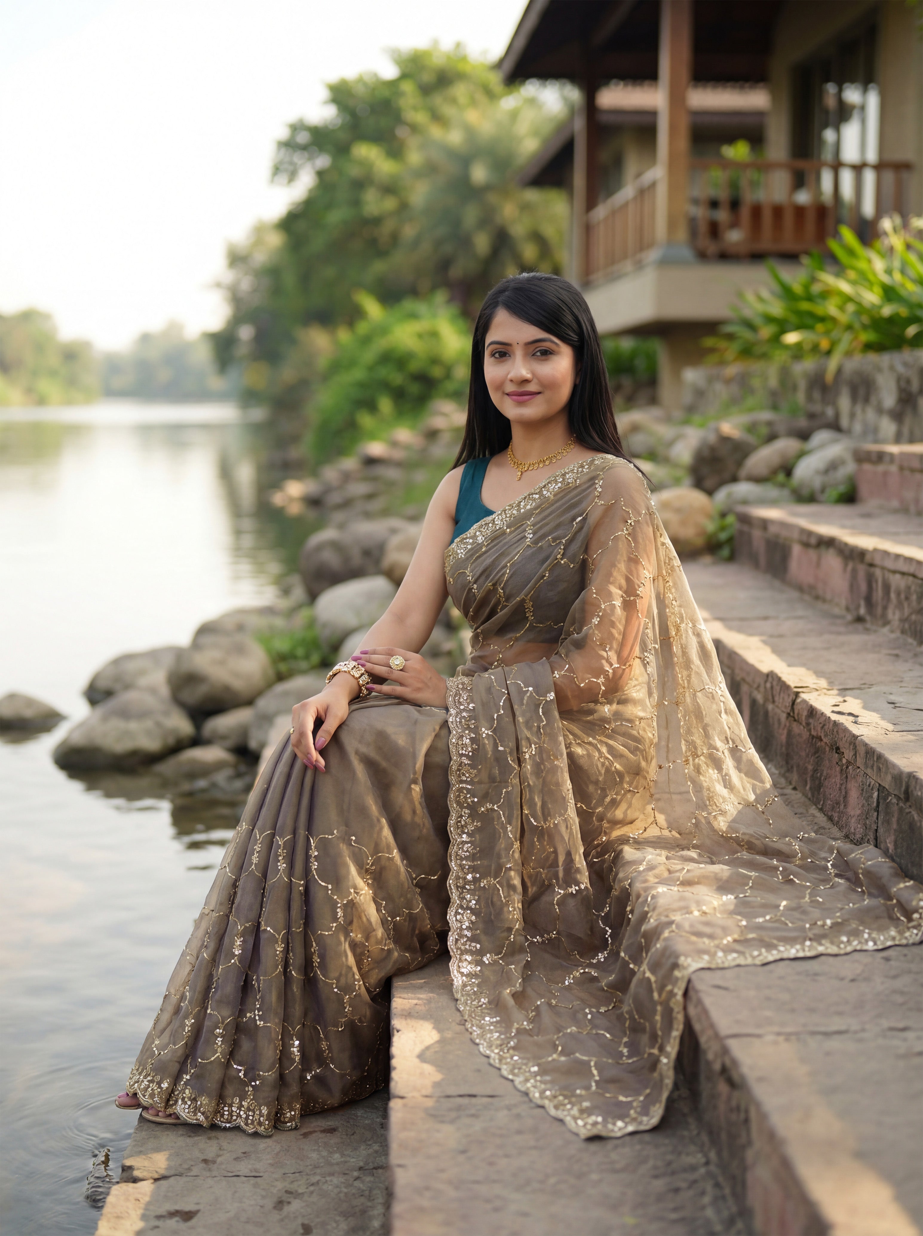 Grey Tissue Geometric Sequence Work Saree