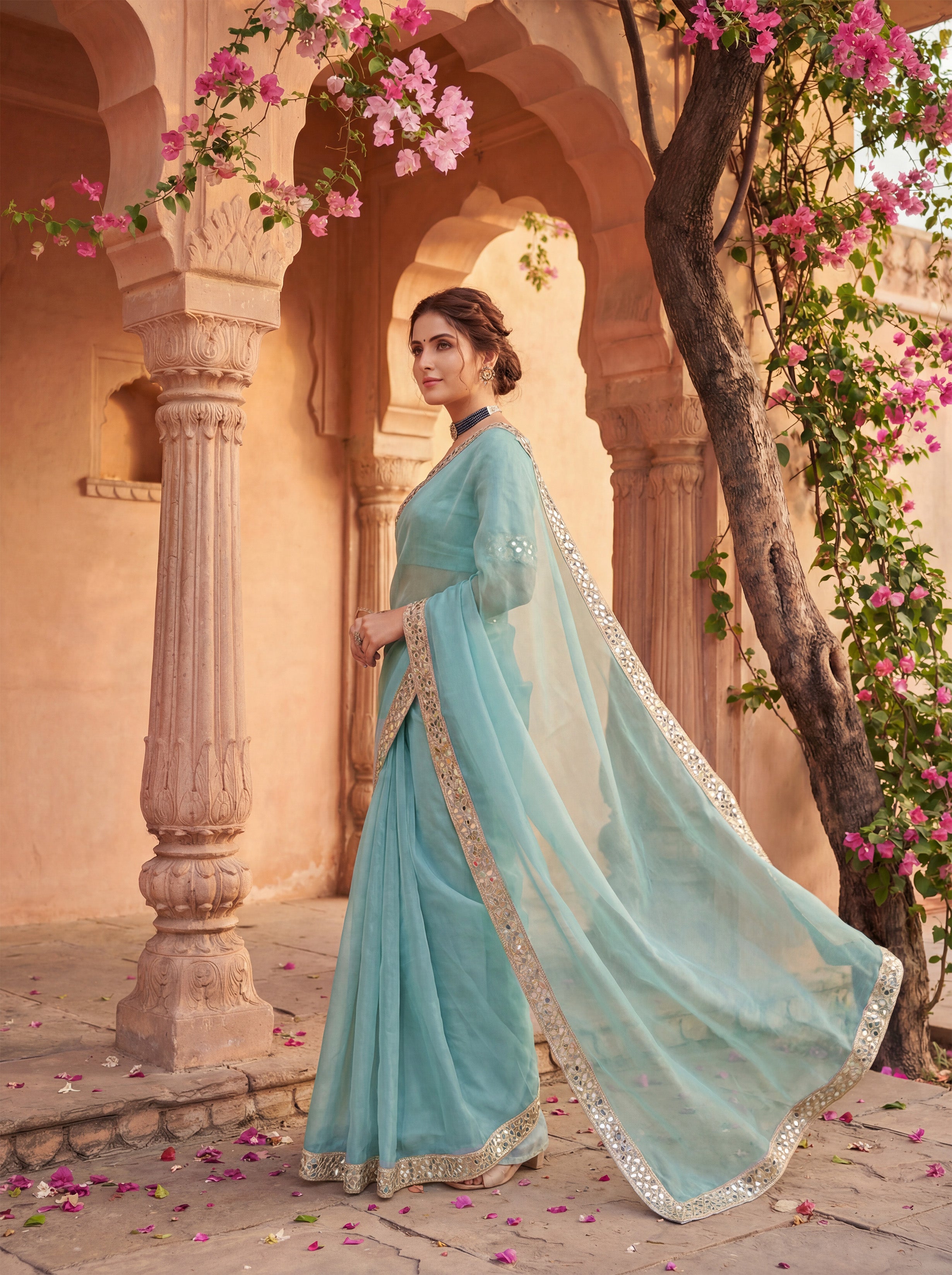 Blue Tissue Geometric Mirror Work Saree