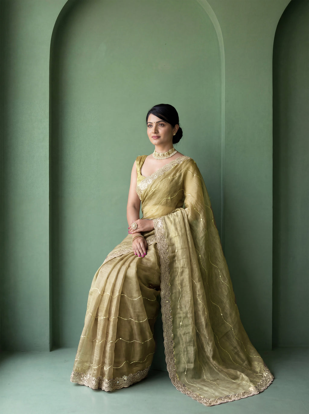 Tan Organza Striped Zari Work Saree