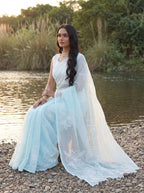 Blue Organza Floral Thread Work Saree