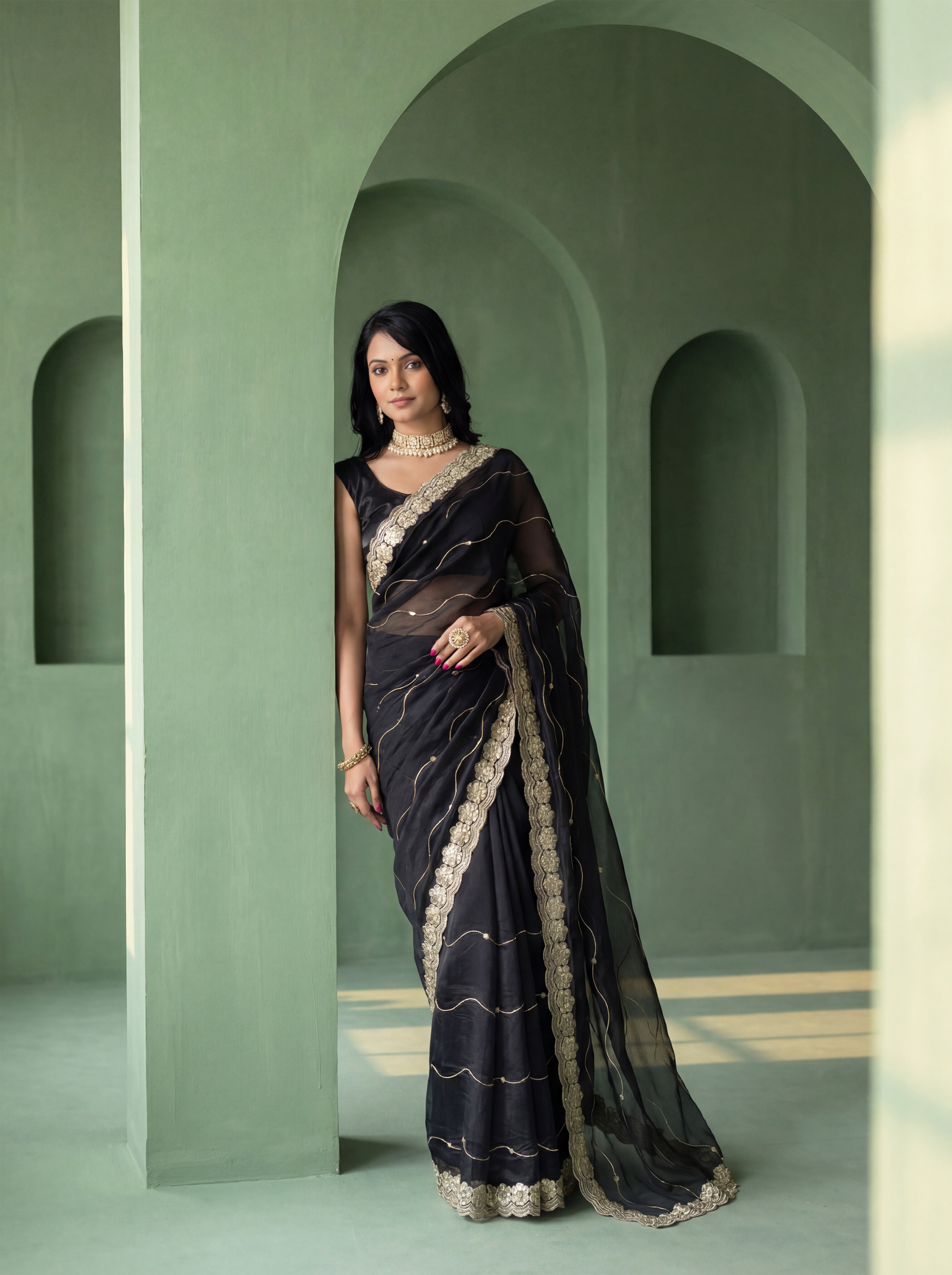 Black Organza Striped Zari Work Saree