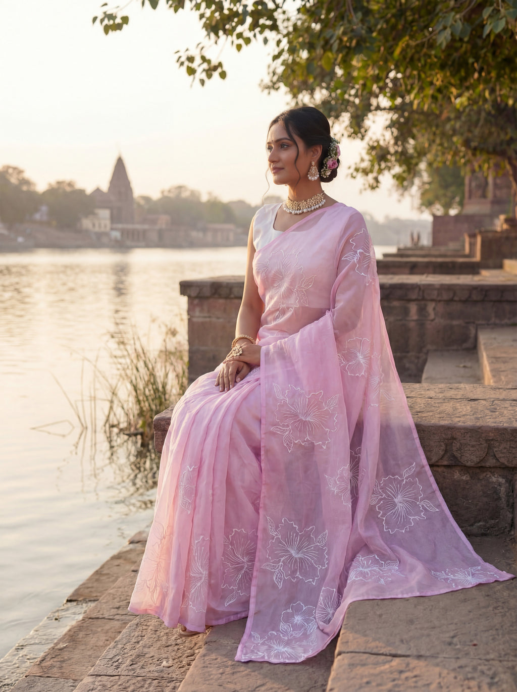 Pink Organza Floral Thread Work Saree