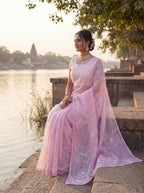 Pink Organza Floral Thread Work Saree