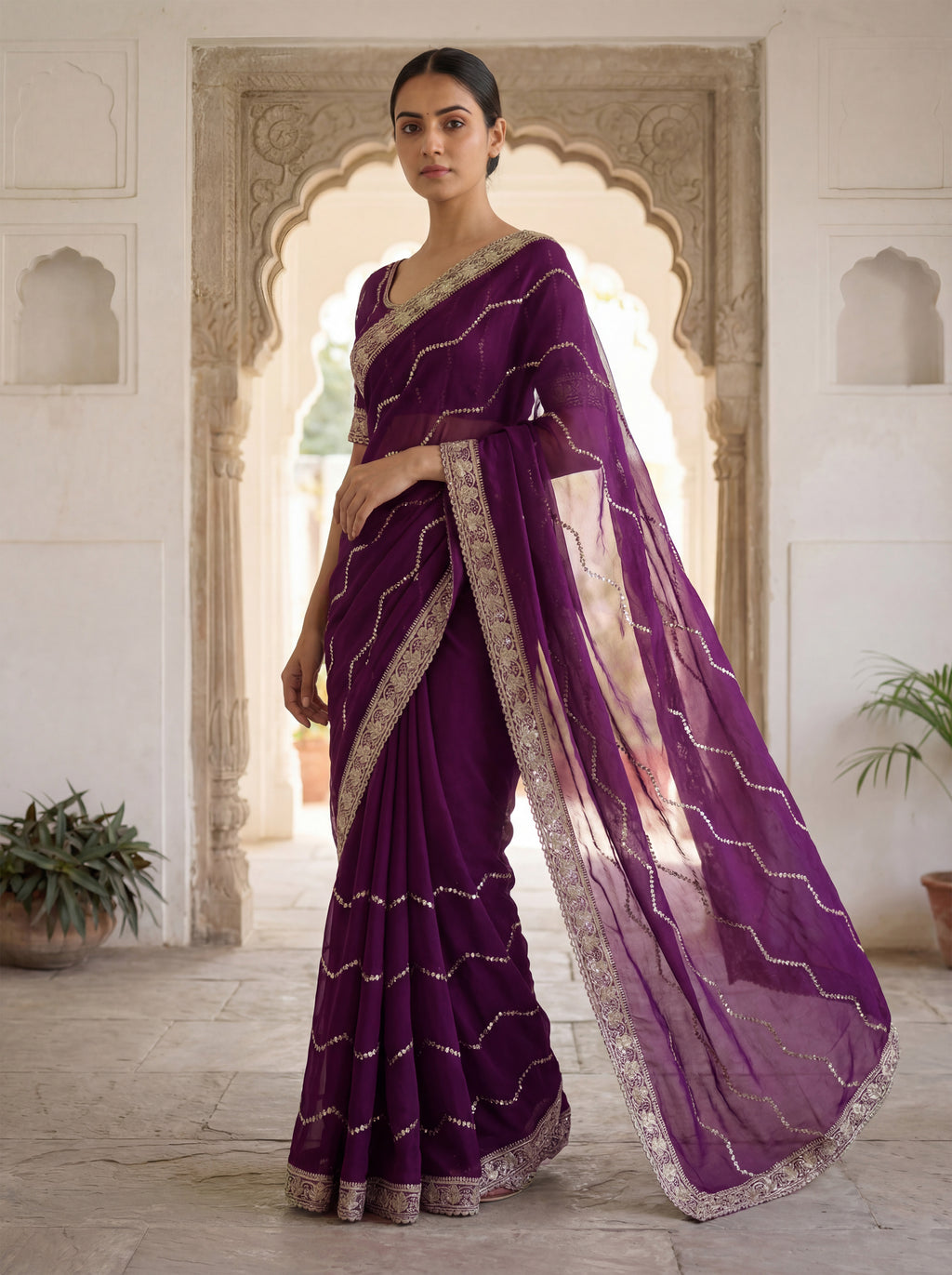 Burgundy Tissue Striped Sequence Work Saree
