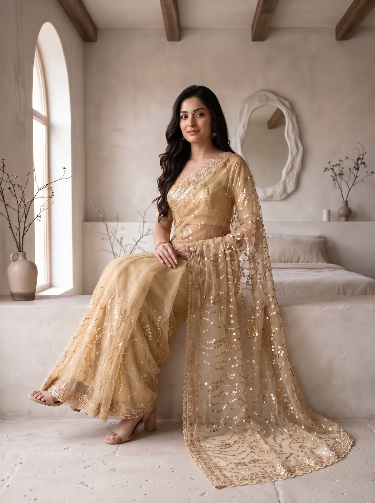 Beige Net Floral Sequence Work Saree