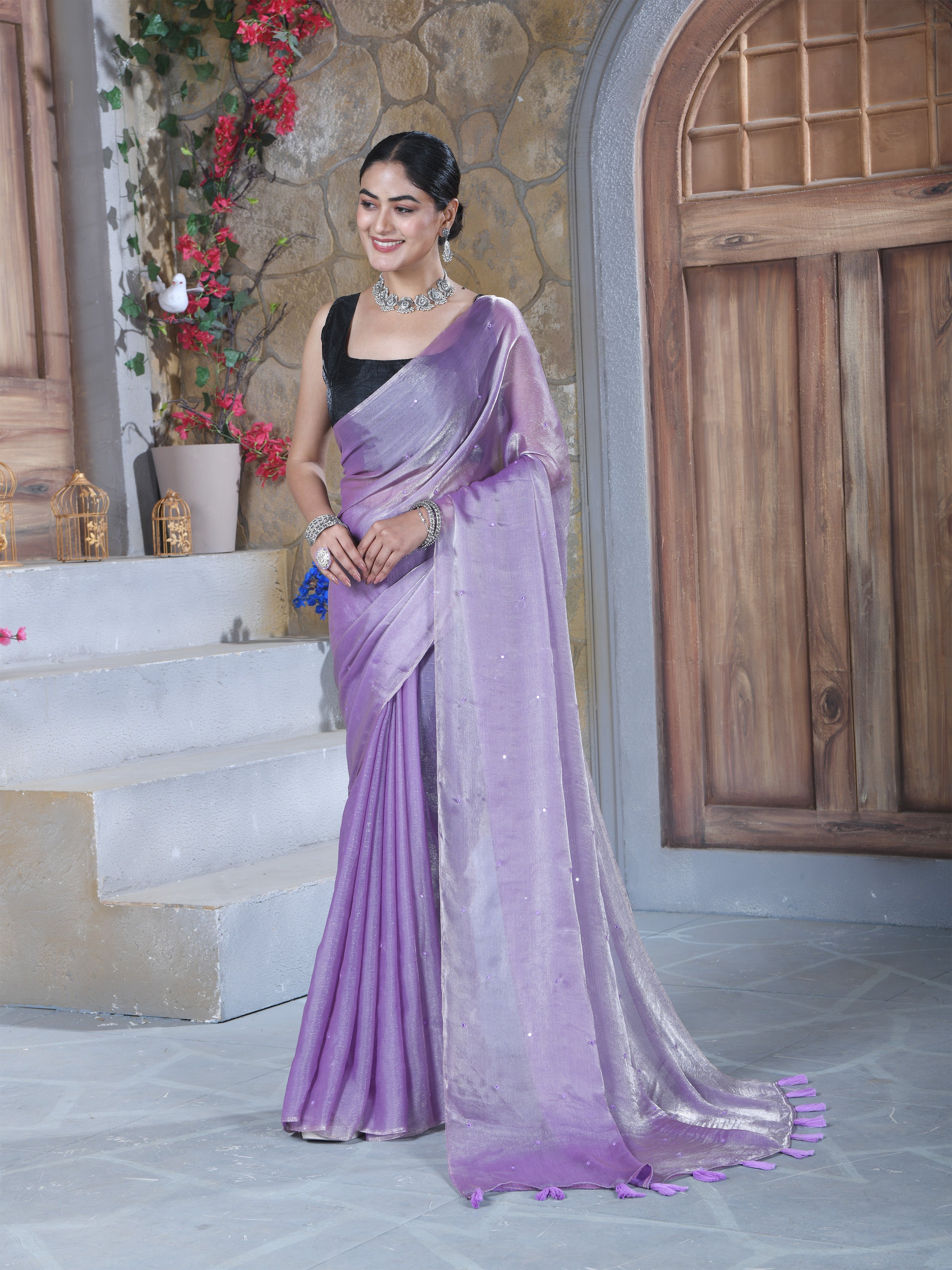 Lavender Pure Chiffon Mirror Work Saree