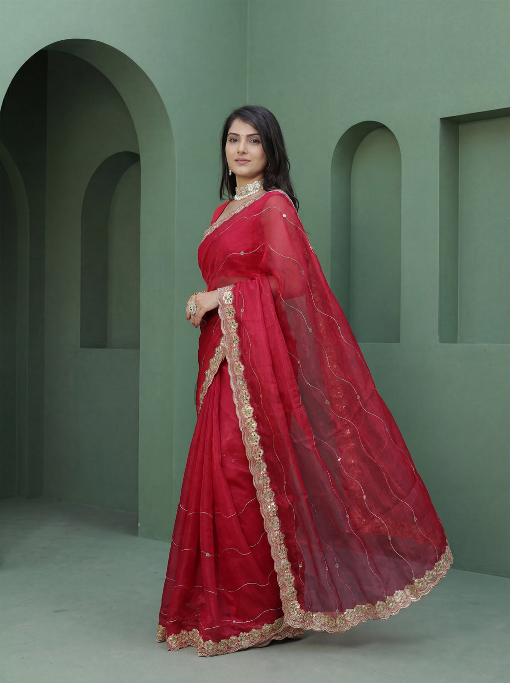 Red Organza Striped Zari Work Saree