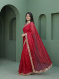 Red Organza Striped Zari Work Saree