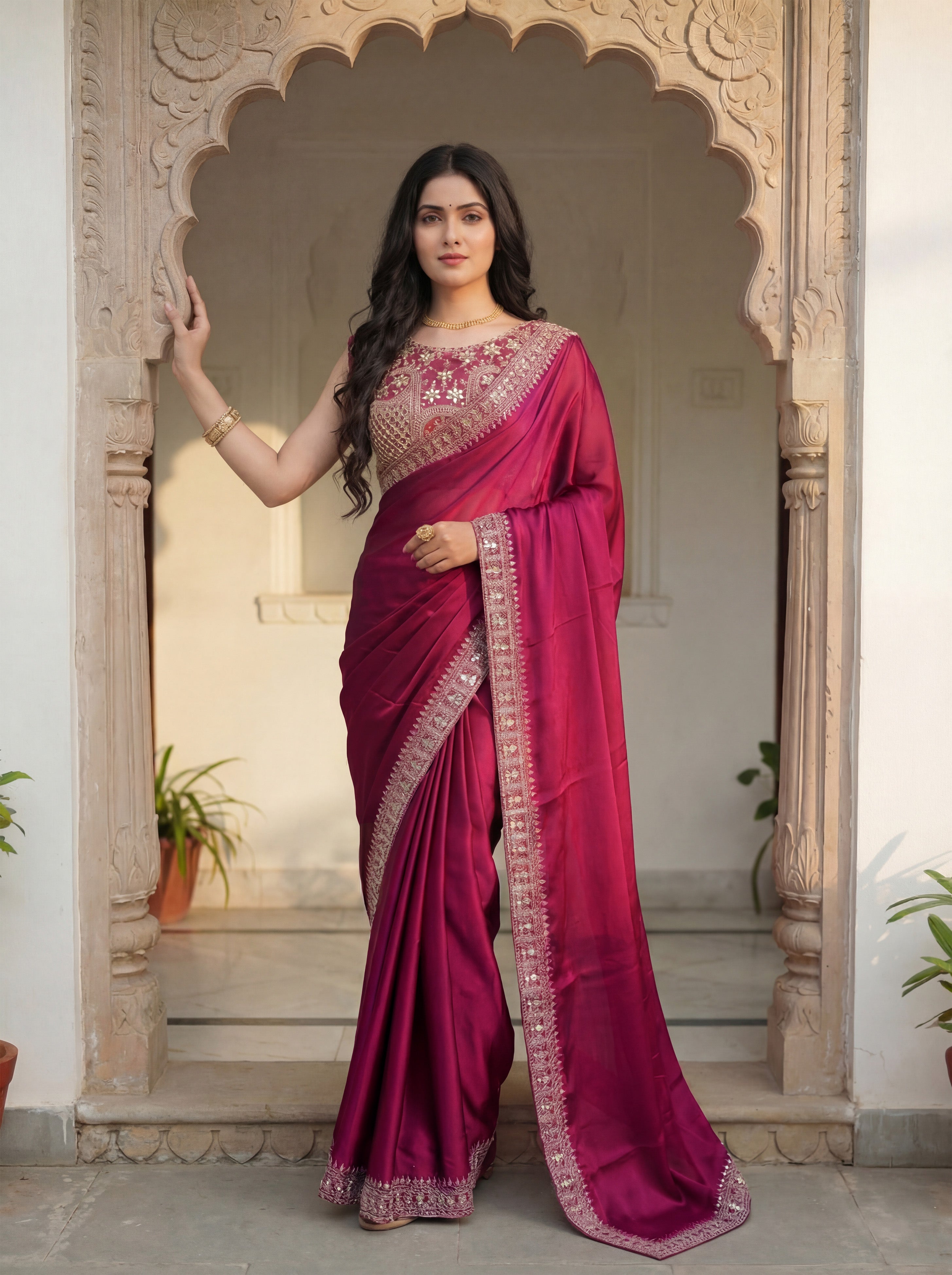 Pink Silk Sequence & Mirror Work Saree