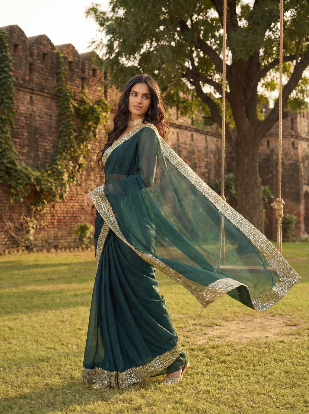Teal Green Tissue Sequence & Mirror Work Saree