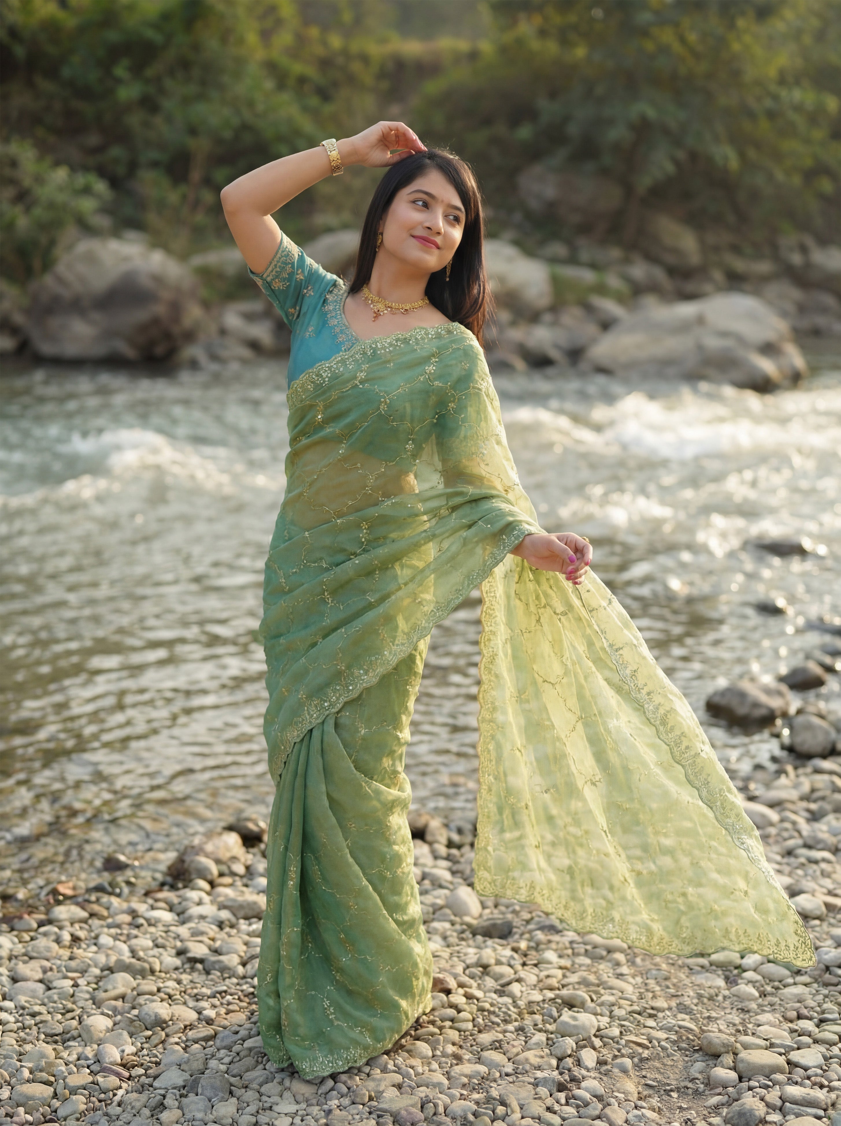 Green Tissue Geometric Sequence Work Saree