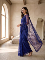 Navy Blue Net Floral Sequence Work Saree