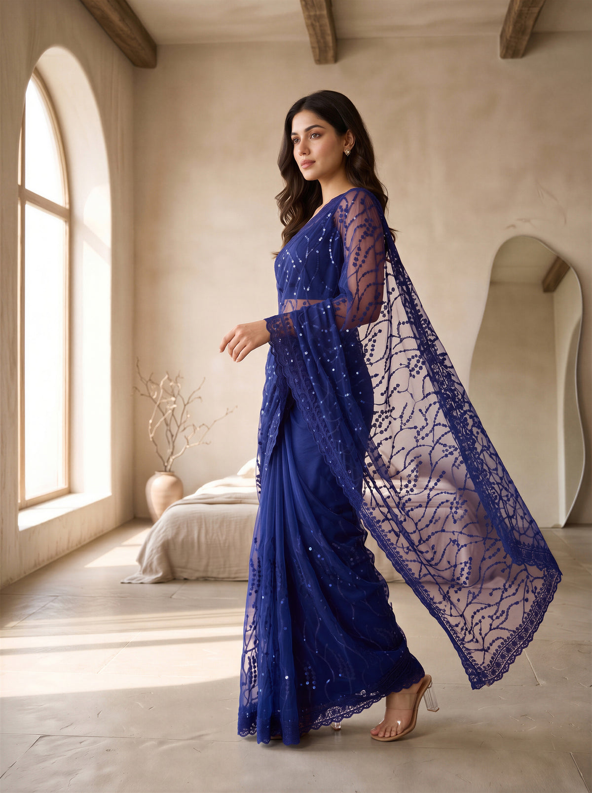 Navy Blue Net Floral Sequence Work Saree