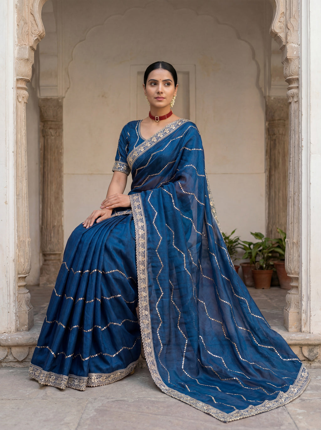 Teal Tissue Striped Sequence Work Saree