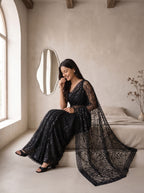 Black Net Floral Sequence Work Saree