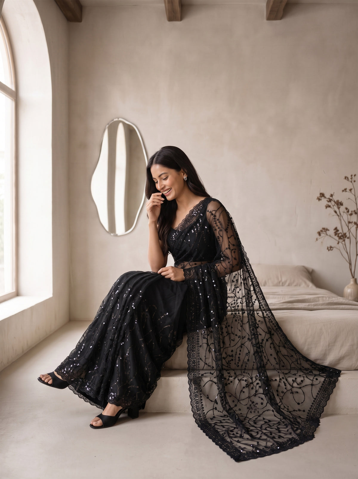 Black Net Floral Sequence Work Saree