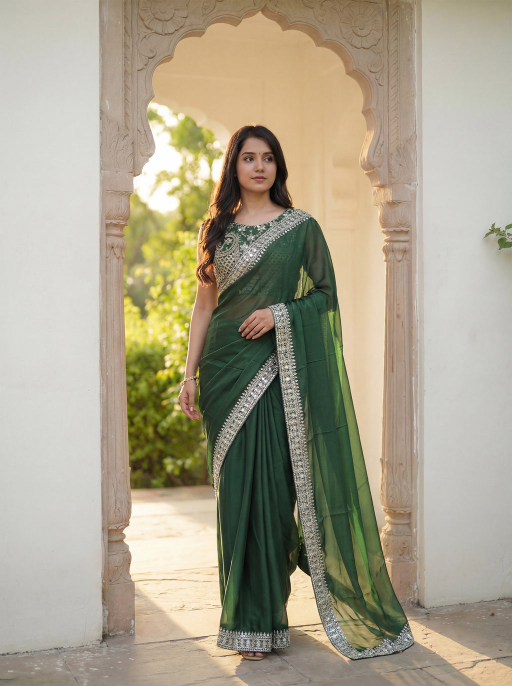 Green Silk Sequence & Mirror Work Saree