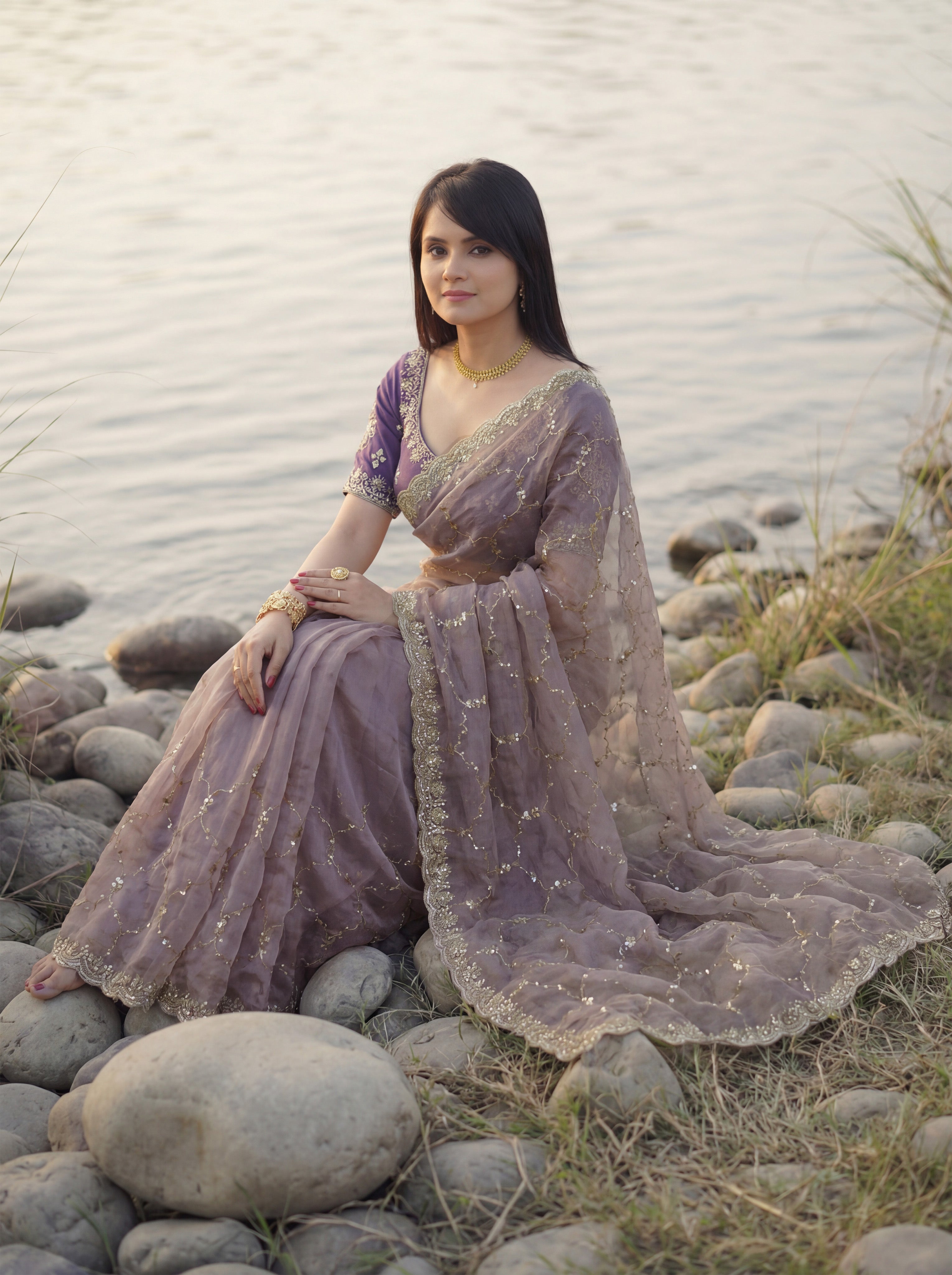 Lavender Tissue Geometric Sequence Work Saree