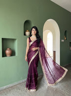 Burgundy Organza Striped Zari Work Saree