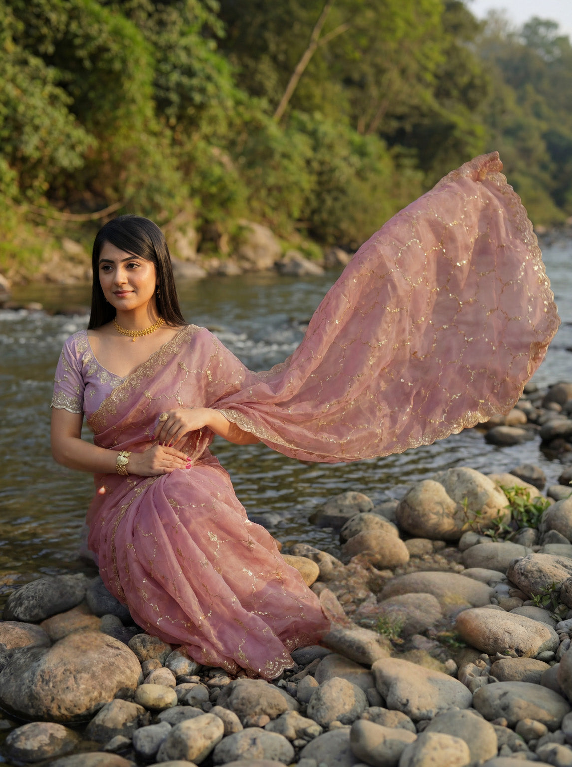 Pink Tissue Geometric Sequence Work Saree