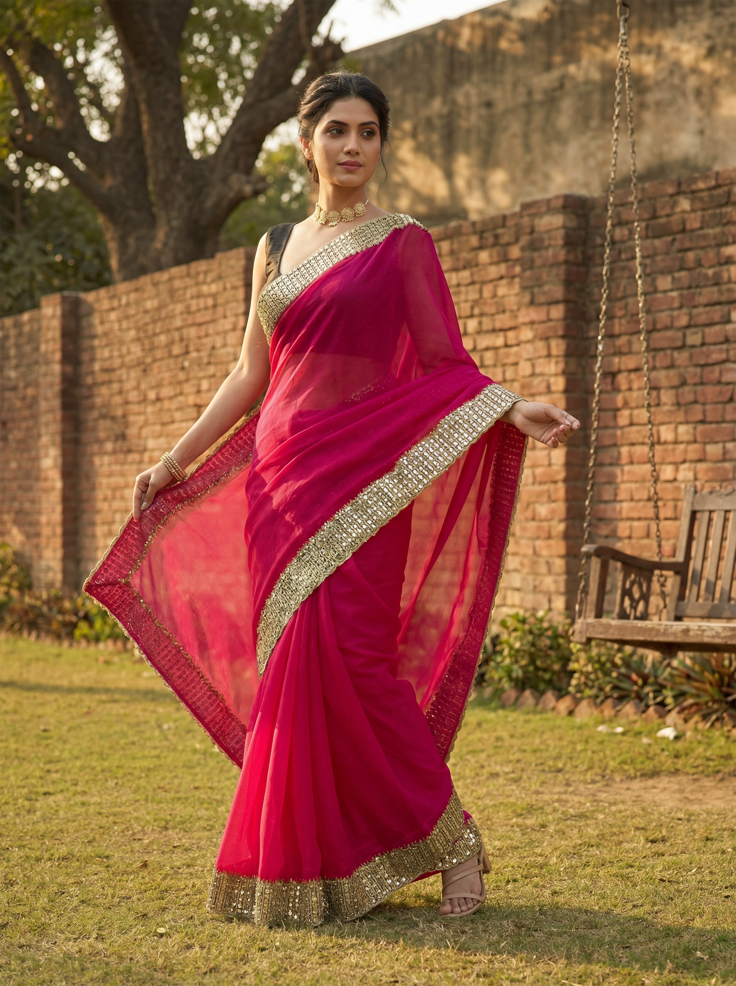 Pink Tissue Sequence & Mirror Work Saree