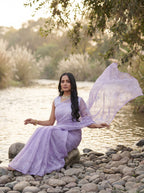 Lavender Organza Floral Thread Work Saree