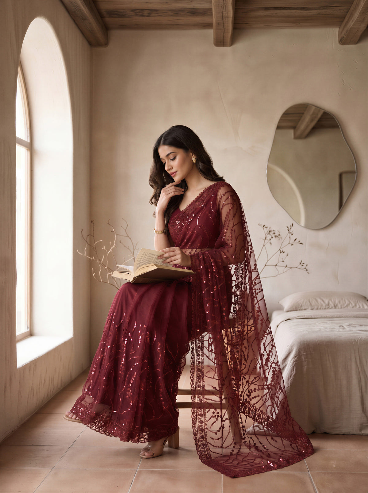 Maroon Net Floral Sequence Work Saree
