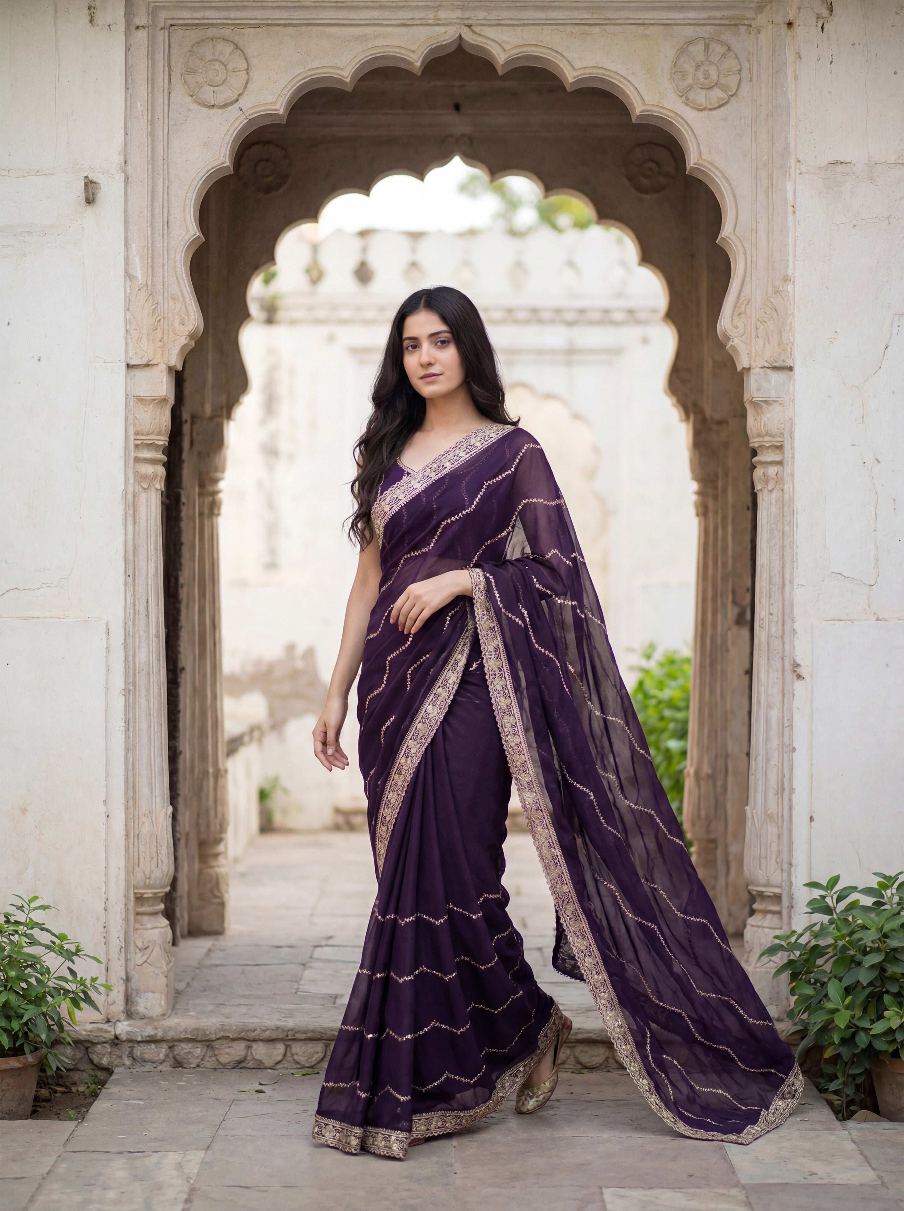 Purple Tissue Striped Sequence Work Saree