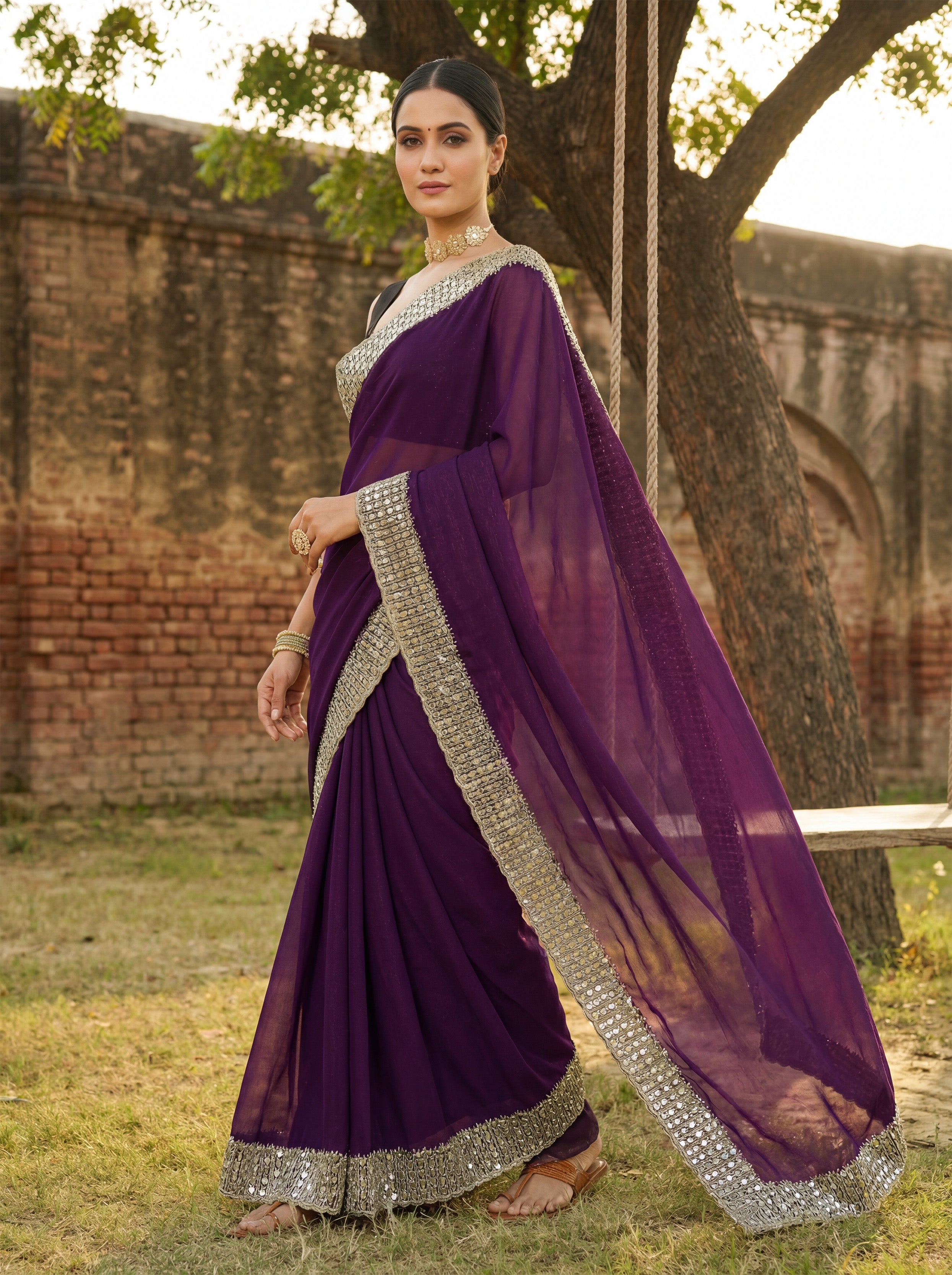 Burgundy Tissue Sequence & Mirror Work Saree