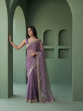 Lavender Organza Striped Zari Work Saree