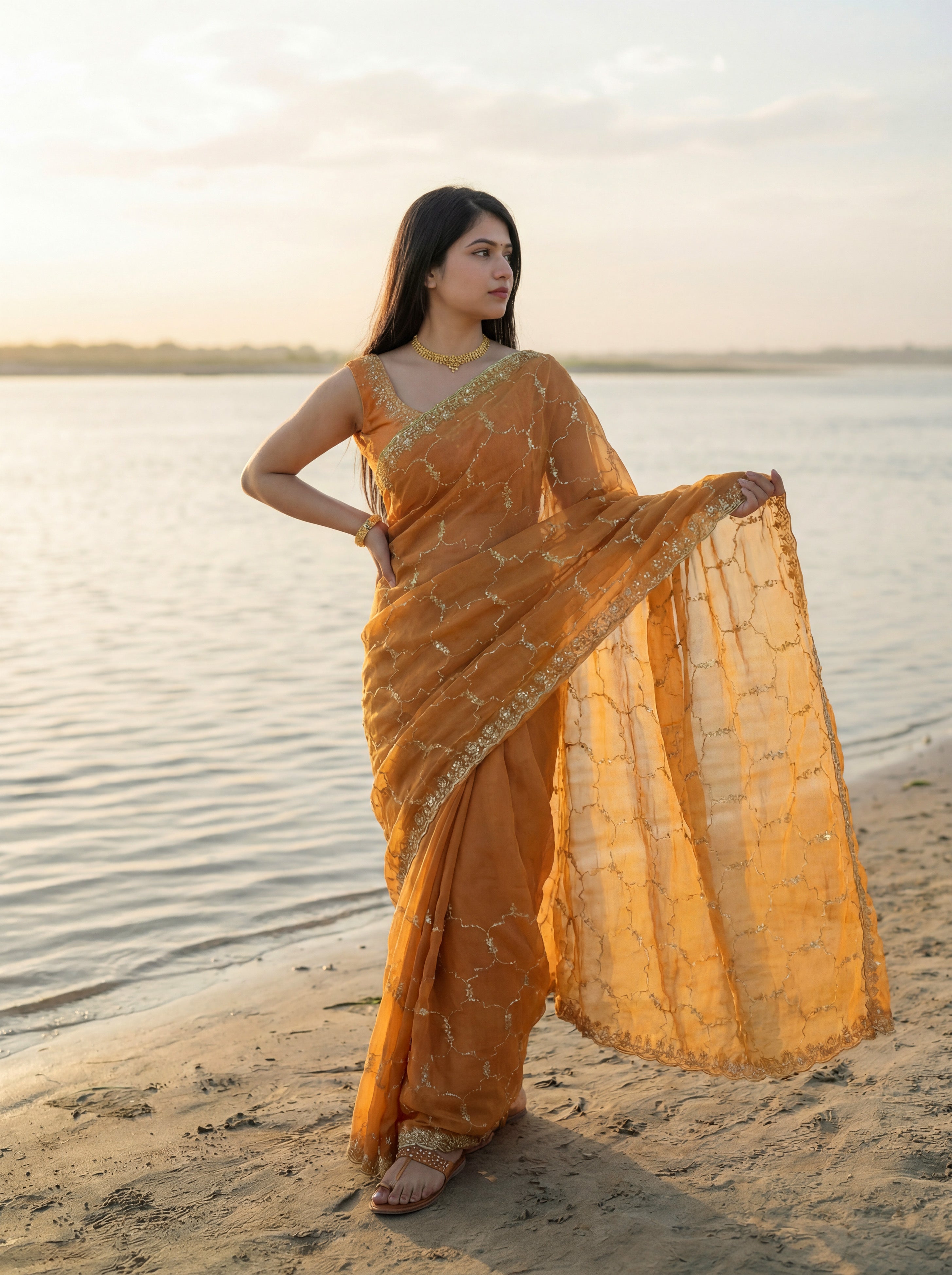 Orange Tissue Geometric Sequence Work Saree