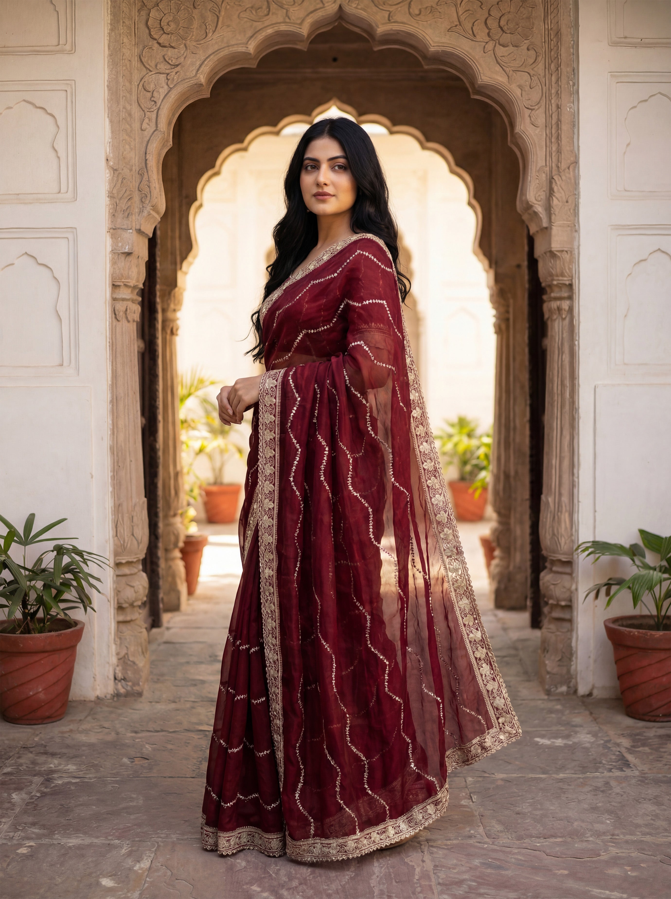 Maroon Tissue Striped Sequence Work Saree