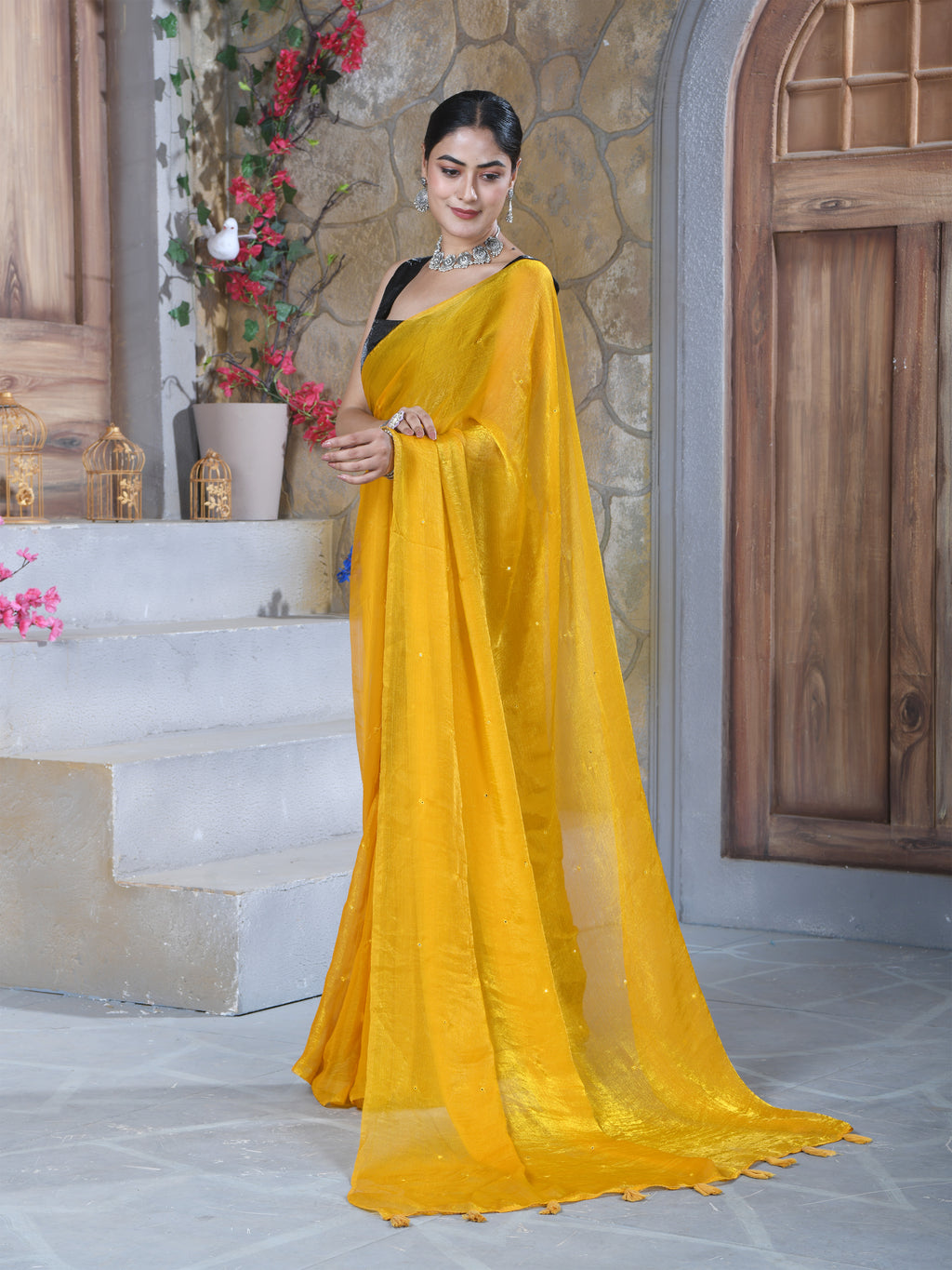 Mustard Pure Chiffon Mirror Work Saree