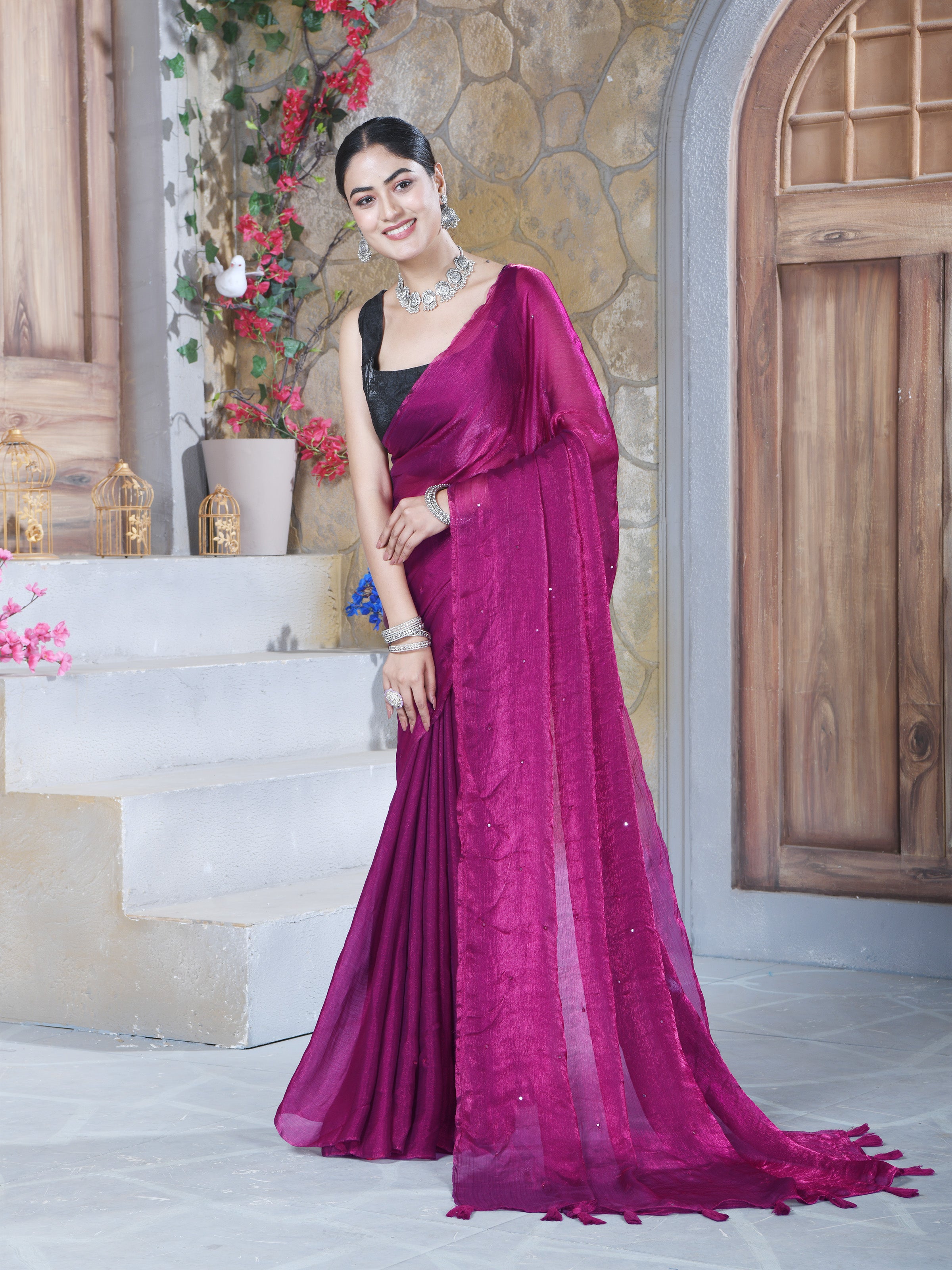 Burgundy Pure Chiffon Mirror Work Saree