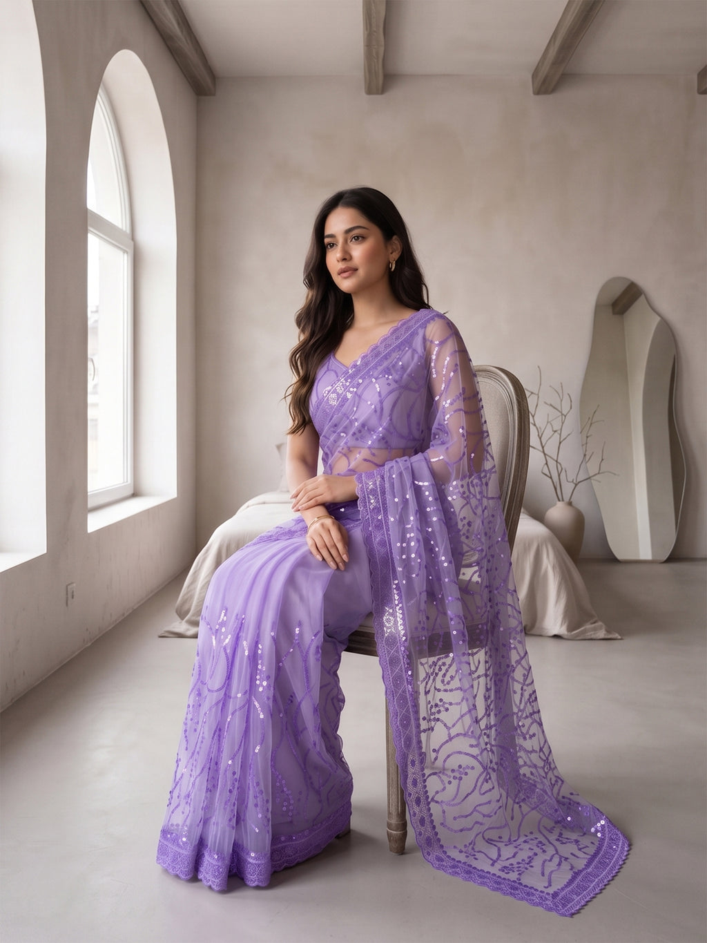 Lavender Net Floral Sequence Work Saree