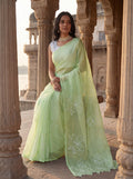 Green Organza Floral Thread Work Saree