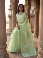 Green Organza Floral Thread Work Saree