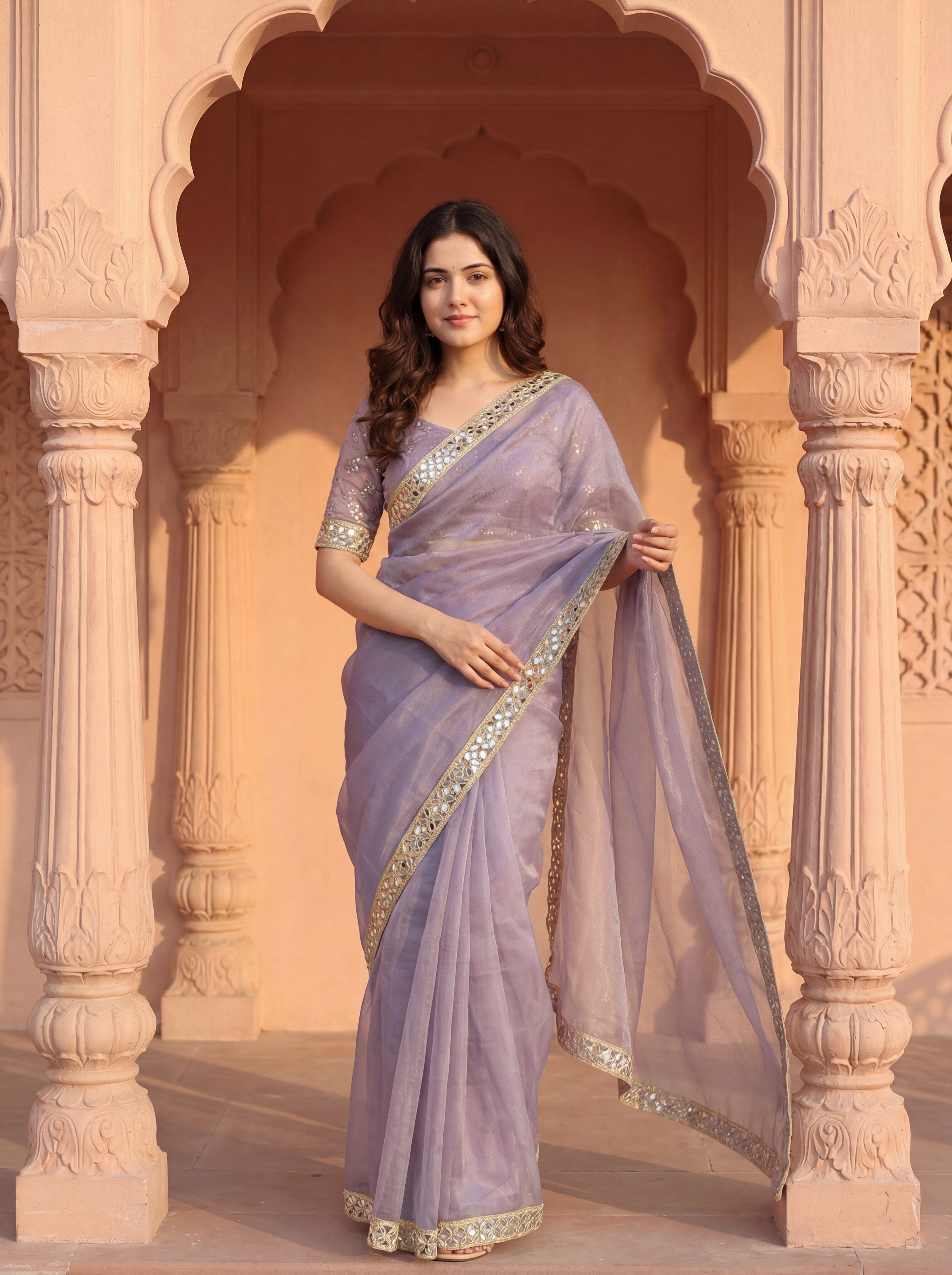 Lavender Tissue Geometric Mirror Work Saree