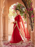 Red Tissue Geometric Mirror Work Saree