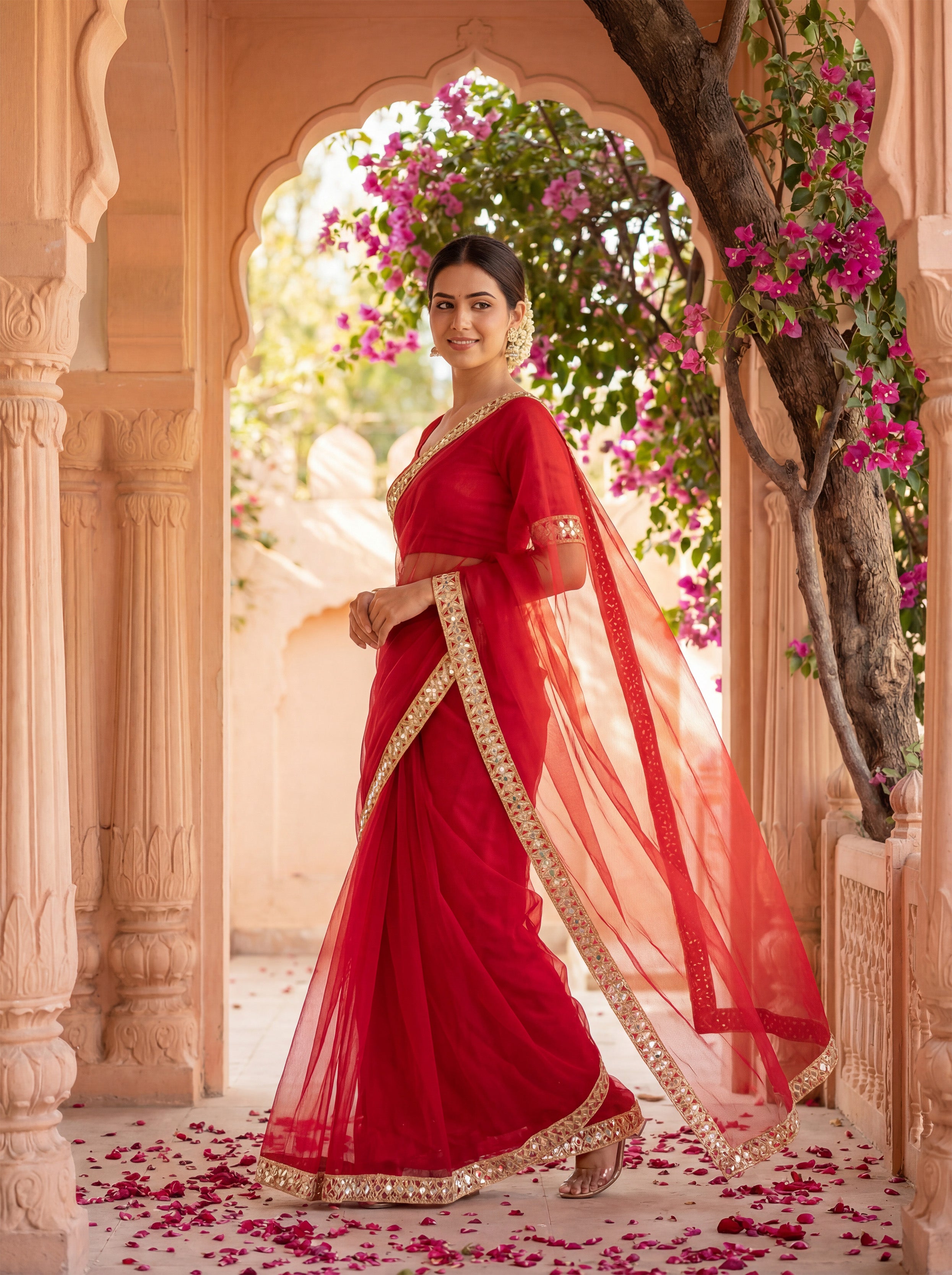Red Tissue Geometric Mirror Work Saree