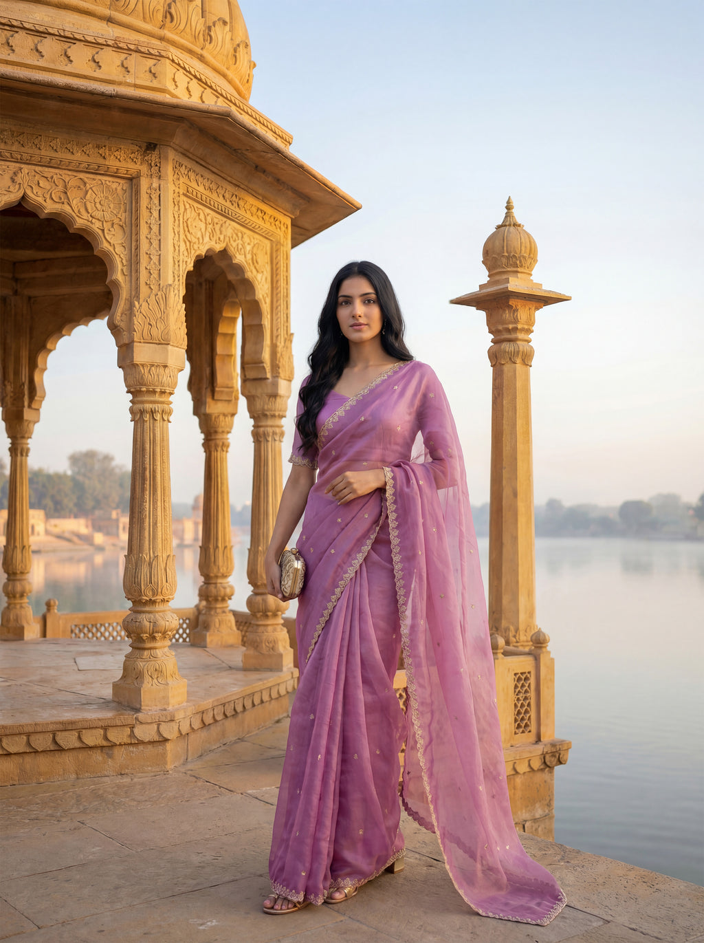Pink Tissue Floral Zari Work Saree
