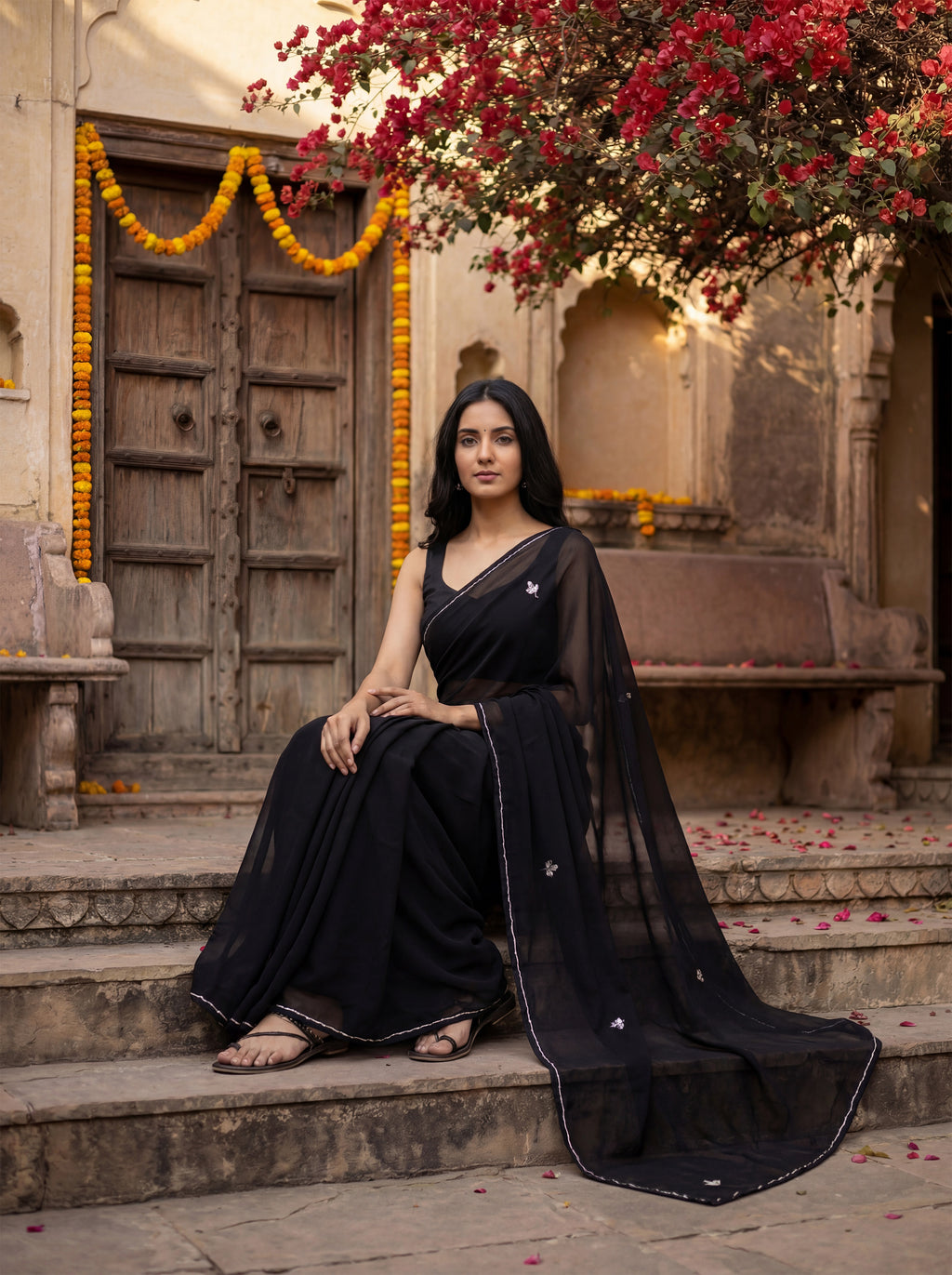 Black Georgette Floral Stone & Beads Work Saree