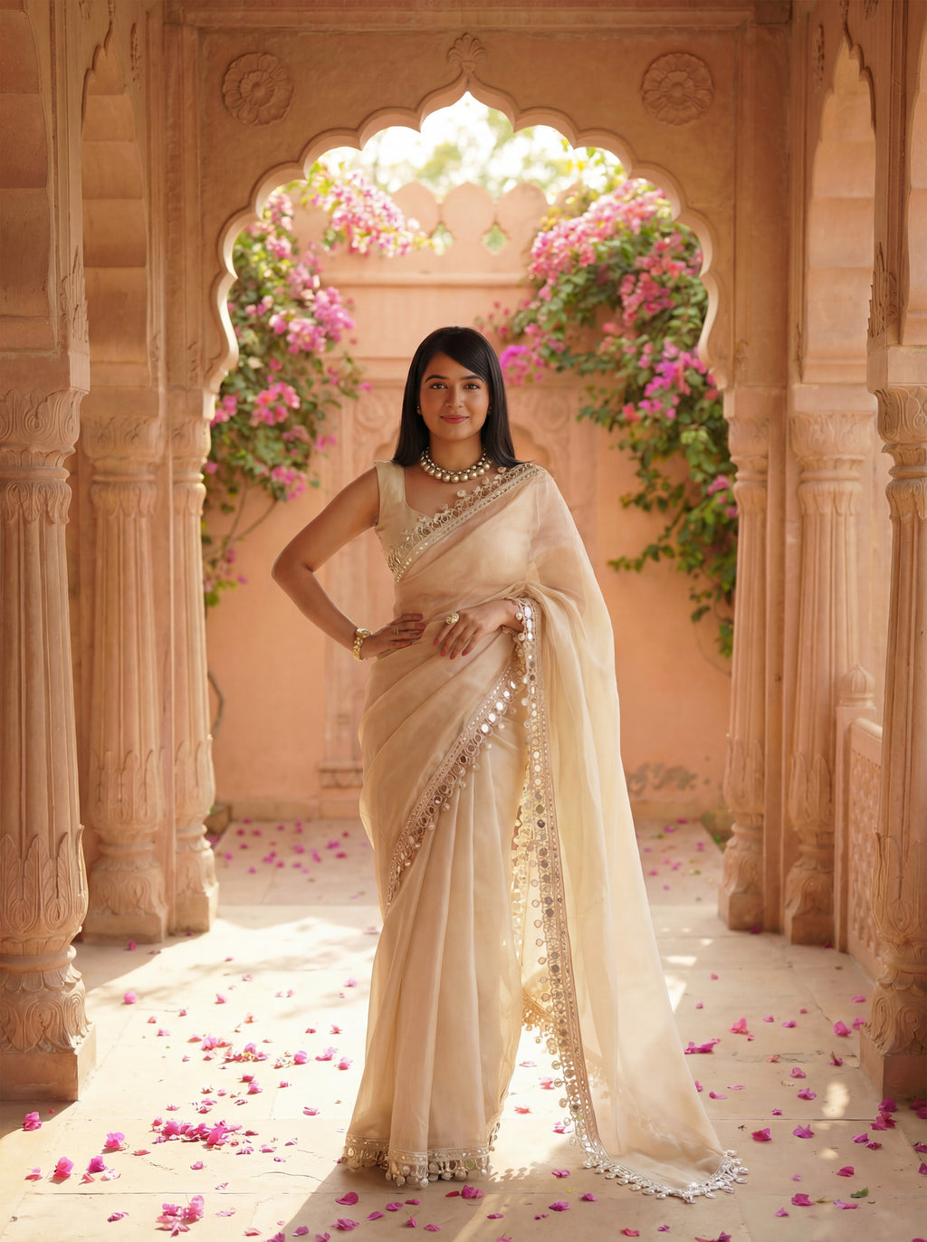 Beige Organza Mirror Work Saree