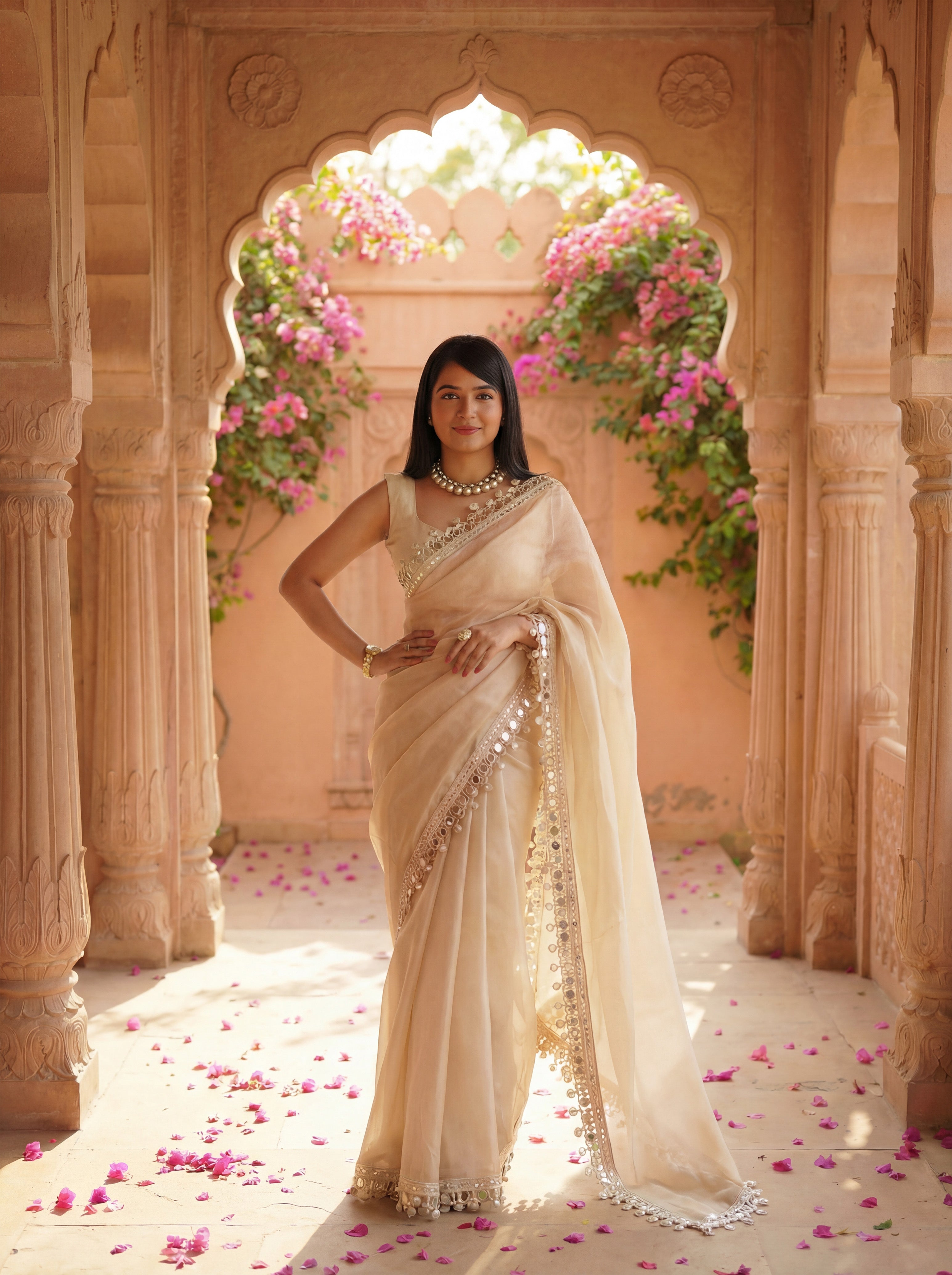 Beige Organza Mirror Work Saree